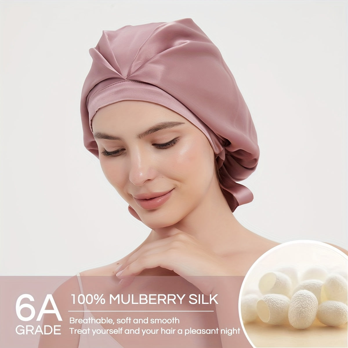 Rachael Silk Schlafhaube aus 100 % SEDA-Maulbeerseide – verstellbare Fliege, weich und atmungsaktiv, perfekt für langes und lockiges Haar