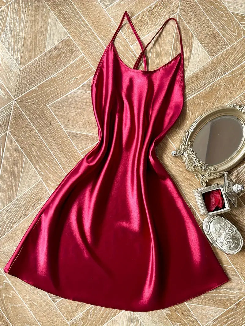 Women's Satin Backless Slip Dress - Elegant Solid Color Short Nightgown, Breathable Soft Sleepwear & Loungewear