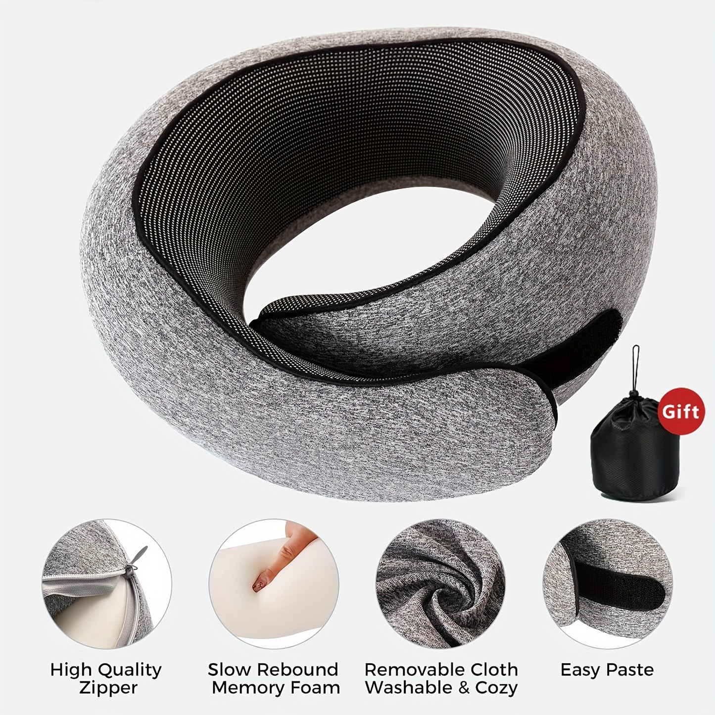 Komfortables Nackenkissen für die Reise | Ergonomisches Design für Flugzeuge – Atmungsaktiver Memory-Schaum mit waschbarem Bezug, Perfekt für Nickerchen im Büro und Auto, Grau