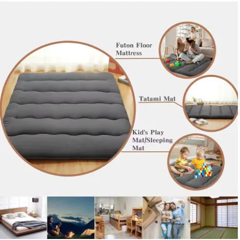 Graue faltbare japanische Futonmatratze – Komfort und Vielseitigkeit im minimalistischen Stil